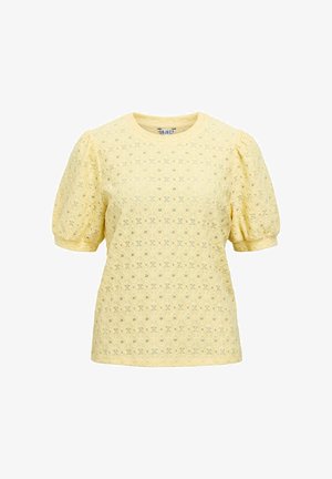 Top giallo a maniche corte con motivi texturizzati, scollo tondo e maniche a sbuffo, realizzato in tessuto leggero. Design decorativo con occhielli.