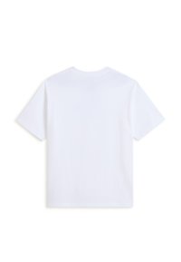En simpel hvid kortærmet T-shirt i bomuld, vist fladt bagfra på en hvid baggrund.