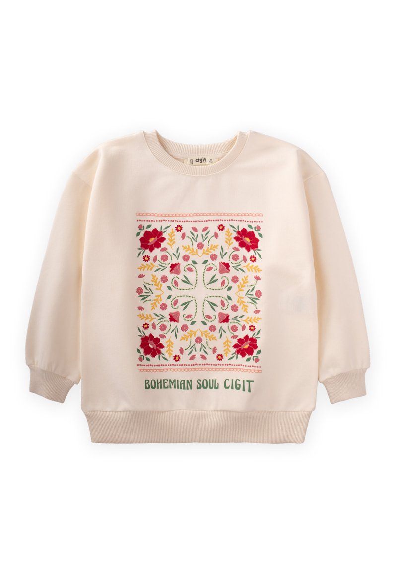 Sudadera color crema con bordado floral en rojo, rosa, amarillo y verde. Presenta un cuello redondo y puños acanalados con el texto "ALMA BOHEMIANA CIGIT".