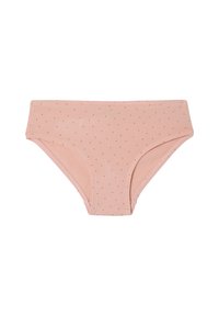 Helle rosa Baumwollunterwäsche mit glatter Textur und kleinen, gleichmäßig verteilten goldenen Punkten. Verfügt über einen bequemen Bund und einen klassischen Schnitt.