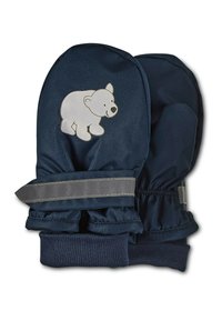 Dunkelblaue Fäustlinge aus glattem, strapazierfähigem Material, mit einem weißen Design eines Eisbären und einem silbernen reflektierenden Band am Handgelenk.