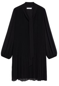 Blusa negra con pliegues, mangas largas tipo globo, cuello con lazo y un dobladillo fluido. Hecha de un tejido ligero para una textura suave.