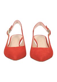Red suede slingback heels with a pointed toe, ankle strap featuring gold hardware, and open sides showcasing a smooth inner lining.