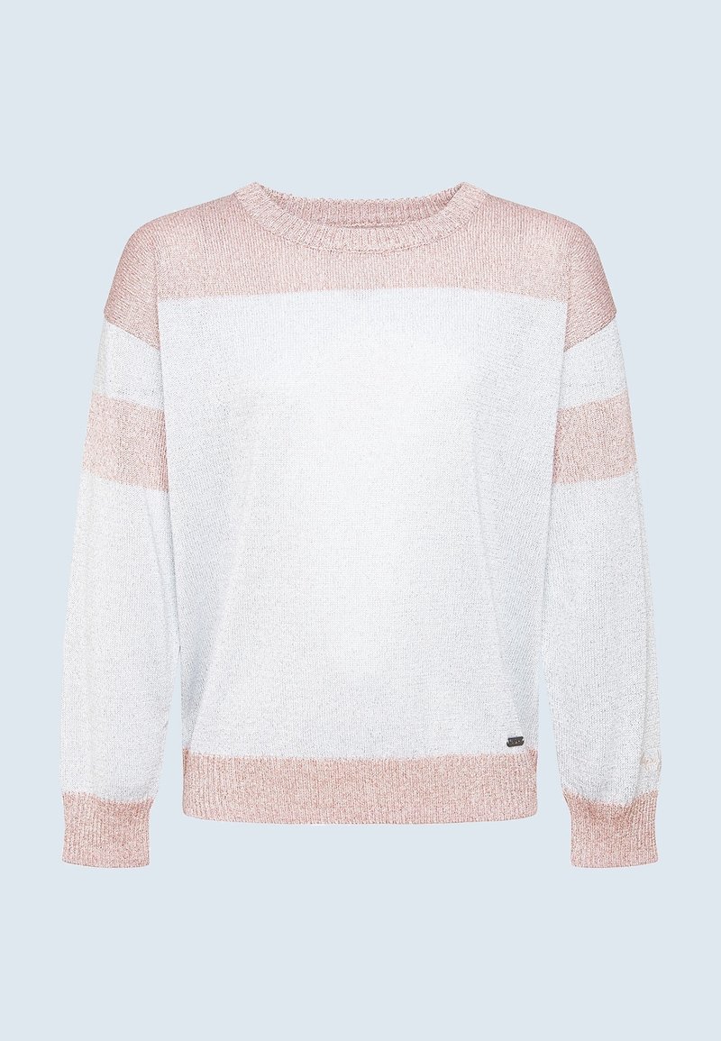 Pull en maille à manches longues avec un corps blanc et des bandes rose clair sur les épaules, les poignets et l'ourlet, présentant un col rond.