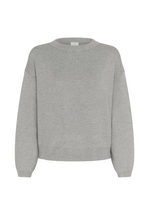 Pull gris avec un col rond, des épaules tombantes et des poignets et un ourlet côtelés. Fabriqué en matériaux tricotés doux.