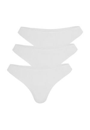 Pack of three white thong underwear made of soft, stretchy fabric. Features a low-rise design with narrow elastic waistband and seamless edges.