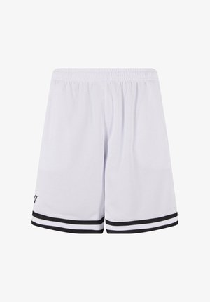 Hvide atletiske shorts med elastisk talje, prydet med sorte striber ved den nederste kant og et struktureret stof. Ingen synlige lommer.
