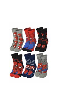 Set of eight pairs of socks in various colors: gray, red, blue, and black. Features Spider-Man designs, including faces and web patterns.