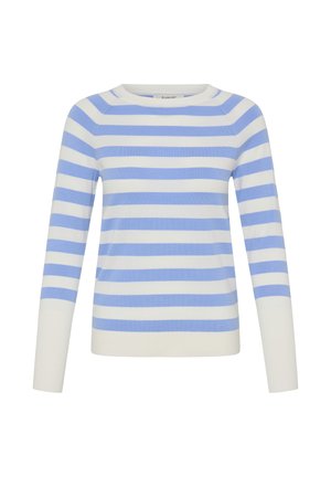 Svītrains džemperis ar gaiši ziliem un baltiem horizontāliem svītrām, apaļu kaklu un garām piedurknēm. Izgatavots no mīksta trikotāžas auduma ar ribotiem aprocēm.