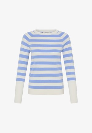 Triibuline kampsun helehalli ja valgete horisontaalsete triipudega, ümara kaelusega ja pika varrukaga. Valmistatud pehmest kootud kangast, millel on soonikkoes varrukaotsad.