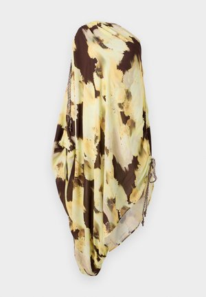 Lightweight, flowing scarf in brown and pale yellow with a floral pattern. Features textured accents and gathered sides with hardware details.