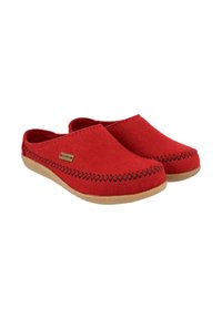 Rote Filzclogs mit einem gesteppten schwarzen Akzent entlang der Kante und einer hellbraunen Gummisohle. Offenes Rückendesign für leichtes An- und Ausziehen.