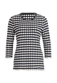 Langärmliges Oberteil in Navy und Creme mit Streifen, das ein Wellenmuster aufweist und einen runden Ausschnitt hat. Strukturierter Stoff mit schlanker Silhouette.