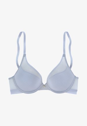 Hellblauer BH mit strukturierten Streifen, Unterwäscheunterstützung und verstellbaren Trägern. Mit einem kleinen metallischen Logo in der Mitte vorne.