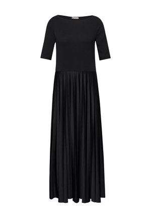 Robe longue noire avec manches courtes ajustées, encolure ronde et jupe plissée s'étendant de la taille jusqu'à l'ourlet.