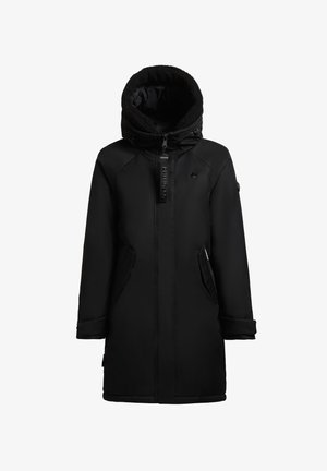 Melna ūdensizturīga jaka ar mīkstu oderi kapucē, ar rāvējslēdzēju priekšā un sānu kabatām. Dizains ietver izšūtu rakstu un paceltas piedurknes.