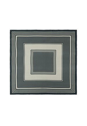 Square scarf with alternating black and white polka dot panels bordered by multiple black and white stripes.