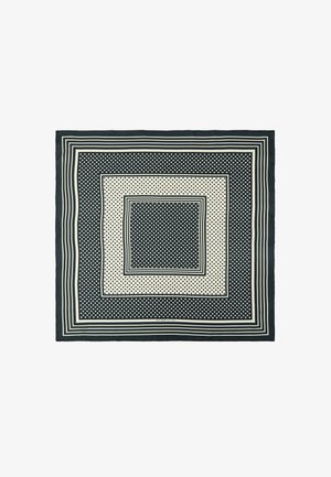 Foulard quadrato con pannelli alternati a pois neri e bianchi, bordato da multiple strisce nere e bianche.