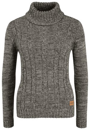 Grauer Strickrollkragenpullover mit einem Zopfmuster, strukturiertem Stoff und taillierter Form sowie einem kleinen Markenetikett am Saum.