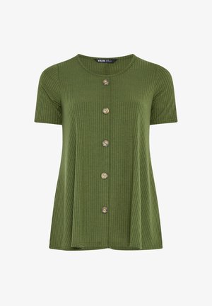 Korte mouw olijfgroen geribd bovenstuk met ronde halslijn en vijf knopen aan de voorkant in het midden.