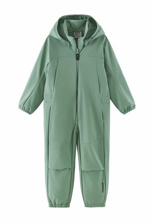 Miękki zielony kombinezon z kapturem w rozmiarze dziecięcym, z przednim zamkiem błyskawicznym, elastycznymi mankietami i wzmocnionymi łatami na kolanach.
