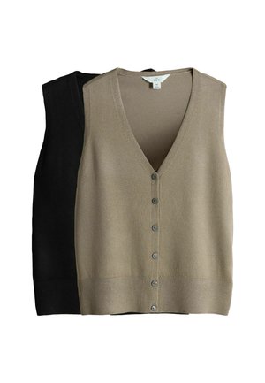 Zwei ärmellose Cardigans in Beige und Schwarz. V-Ausschnitt-Design mit Knopfleiste. Glatte Textur und weicher Stoff. Einfacher, klassischer Stil.