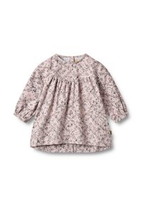 Helles rosa Langarmbluse mit Gathered Taille, ausgestattet mit einem Blumenmuster in Grün und Rot, runder Ausschnitt und einer Knopfverschluss hinten.