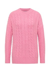 Rosa Kabelstrickpullover mit Rundhalsausschnitt, der ein strukturiertes Rautenmuster sowie gerippte Bündchen und Saum aufweist. Hergestellt aus weichem, mittelschwerem Material.