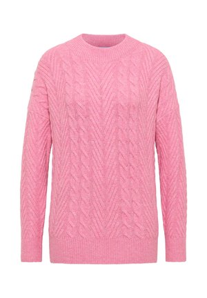 Maglione rosa a maglia rasata con scollatura a girocollo, caratterizzato da un motivo a rombi testurizzato e polsini e orlo a coste. Realizzato in materiale morbido di peso medio.
