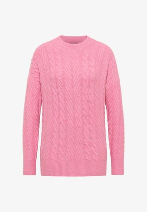 Roze kabelgebreide trui met een ronde halslijn, voorzien van een textuur met diamantpatroon en geribde manchetten en zoom. Gemaakt van zacht, middelzwaar materiaal.