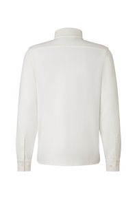 Langärmliges weißes Hemd mit einem Stehkragen, geknöpften Manschetten und einer glatten Textur. Auf der Rückseite sind keine Muster oder Grafiken sichtbar.