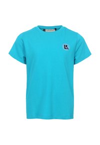 Turkooise katoenen T-shirt met korte mouwen, ronde halslijn en een cirkelvormig zwart logo met roze accenten aan de voorkant.