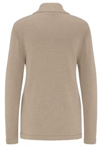 Beige gestrickter Pullover mit hohem Kragen, langen Ärmeln und gerippten Bündchen. Verfügt über eine glatte Textur und ein schlichtes, maßgeschneidertes Design.