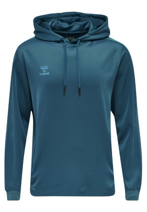 Teal hoodie i slät, lättviktsmaterial. Har en snörning i huvan, långa ärmar och en liten logotyp på bröstet.