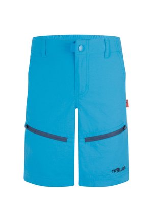 Blå knælange shorts med sorte lynlåslommer, bæltestropper, knaplukning og lille norsk flagmærke på siden.