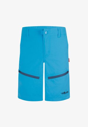 Blue knee-length shorts with black zipper pockets, belt loops, button closure, and small Norwegian flag tag on the side.