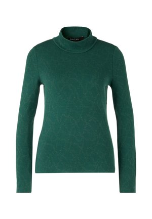Green turtleneck sweater with long sleeves, textured pattern, and subtle metallic accents. Made from a soft, stretchy fabric.