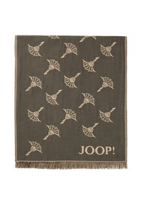 Couverture en gris foncé ornée d'un motif beige de motifs ailés sur toute sa surface et avec des bords frangés. Le nom de la marque "JOOP!" est imprimé en beige.