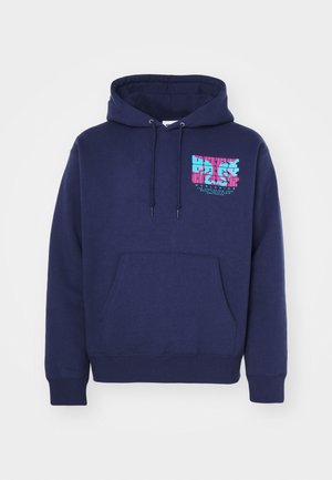 Navy blue hoodie featuring a front pocket, drawstring hood, and a multicolored graphic print on the chest. Made from soft fabric.