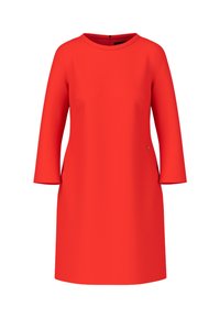 Rotes A-Linien-Kleid mit Drei-Viertel-Ärmeln, rundem Ausschnitt und einer seitlichen Tasche. Aus glattem, leichtem Stoff gefertigt. Einfaches Design.