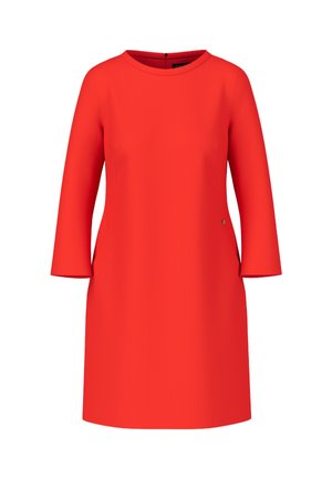 Red A-line dress with three-quarter sleeves, round neckline, and a side pocket. Crafted from smooth, lightweight fabric. Simple design.