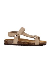 Beige ruskindsandal med justerbare stropper, kork-mellemsål og mørk gummisål, der har et minimalistisk design og flad profil.