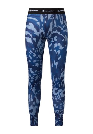 Leggings de compression camouflage bleu pour hommes avec ceinture et chevilles noires estampillées Champion Combat.