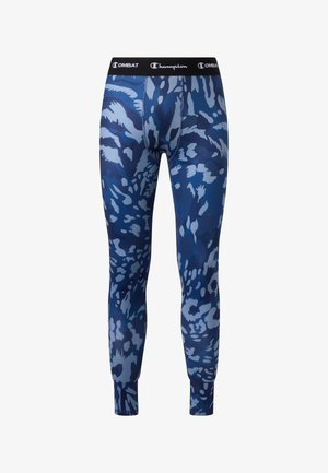 Blauwe camouflage compressiebroek voor heren met zwarte tailleband en enkelboorden met het merk Champion Combat.