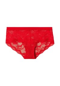 Rote Spitze-Unterwäsche mit floralen Mustern und gewelltem Rand. Der Stoff weist durchsichtige Einsätze auf und verbindet Komfort mit zarter Detailarbeit.