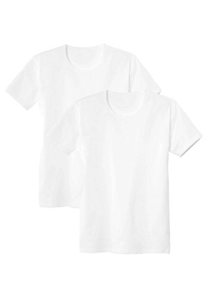 Twee witte katoenen t-shirts met korte mouwen en ronde hals, met een klassieke pasvorm en een gladde textuur.