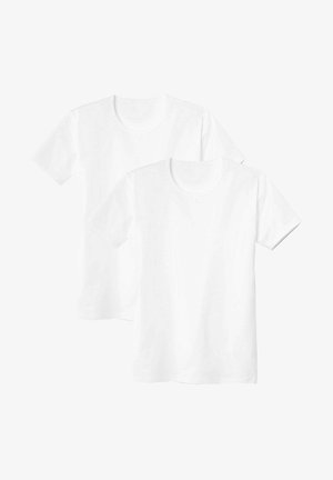Two white cotton t-shirts with short sleeves and crew necklines, featuring a classic fit and smooth texture.
