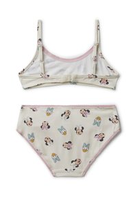 Jasna kremowa bikini z figlarnym nadrukiem postaci Disneya. Posiada cienkie ramiączka, różowe wykończenie i miękki bawełniany materiał dla zapewnienia komfortu.