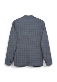 Blazer a quadri grigio con una silhouette strutturata, spacchetto posteriore singolo e chiusura a due bottoni, con linee blu a contrasto nel motivo.