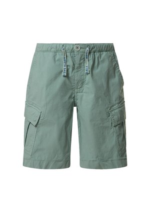 Pantaloncini cargo verde chiaro con vita elasticizzata, chiusura con bottone, coulisse con etichetta "North Sails" e tasche a soffietto su entrambi i lati.